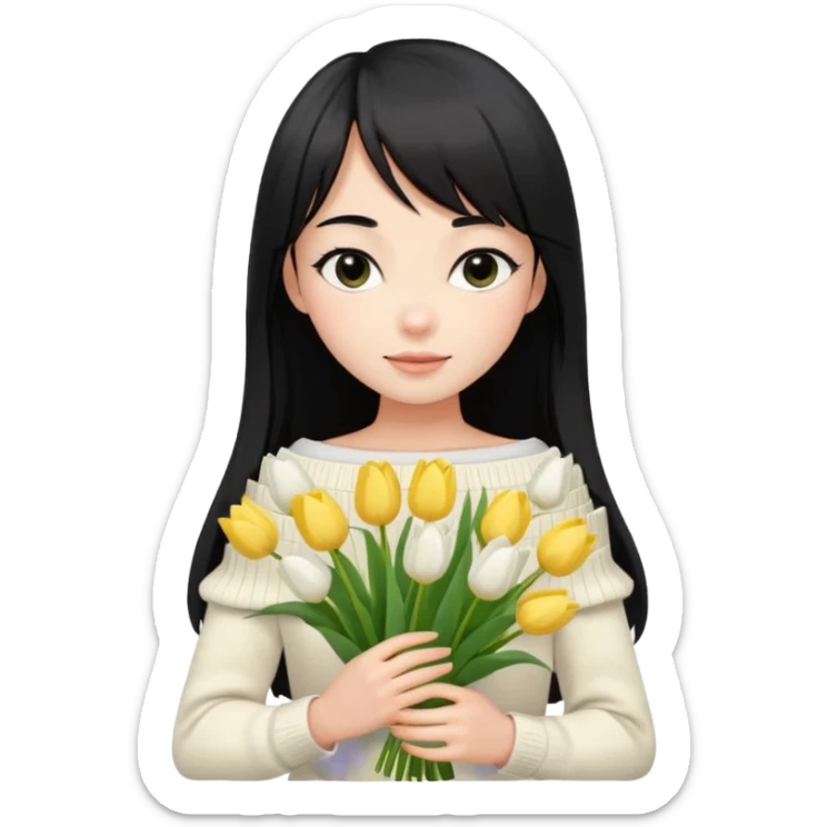 cute girl with long black hair, thin bangs, black eyes, cream off-shoulder sweater, holding a bouquet of white tulips sticker