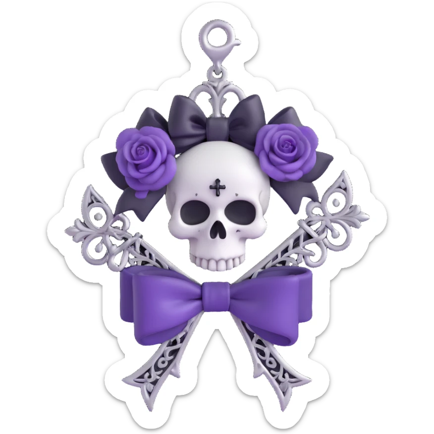 gothic bow with black velvet, silver skull charm, purple rose center, and tiny silver cross pendant, ornate and dark sticker