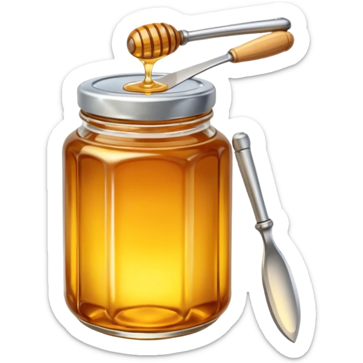 honey jar with golden honey and a metal knife beside it sticker