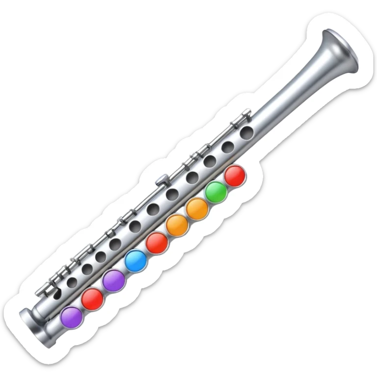 cartoon-style metal flute with buttons, mouthpiece visible, playful and colorful, emoji-like sticker