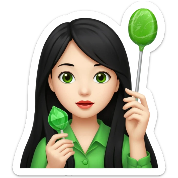 A girl with long black hair holding a piece of green hard candy in one hand and a green candy wrapper showing a guava on it in the other hand sticker