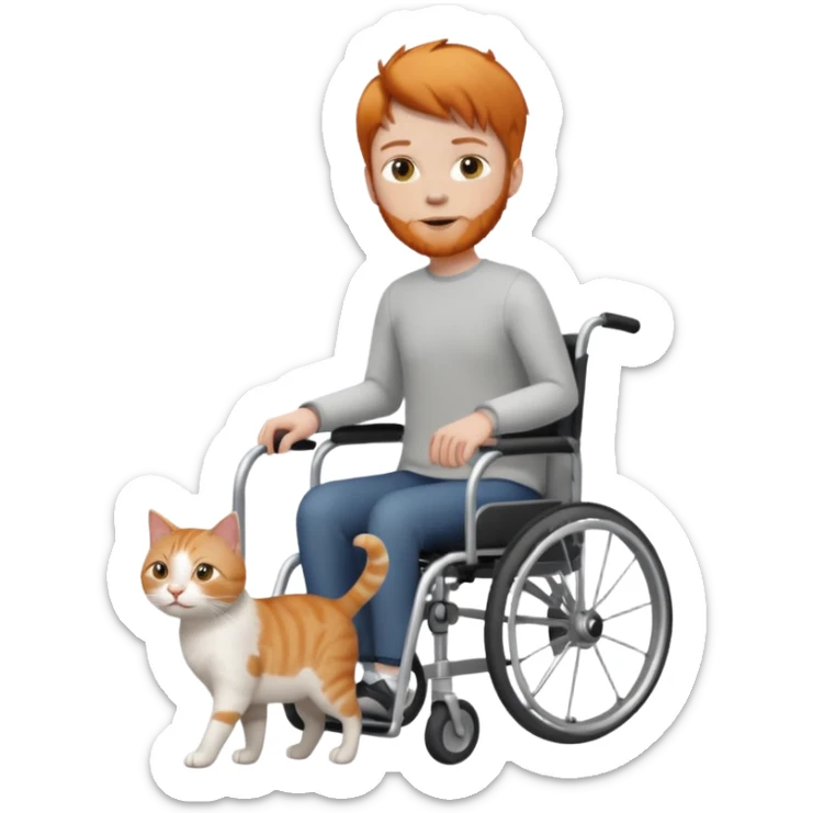 full body small short hair ginger and white cat with orange eyes walking in a wheelchair for cats sticker