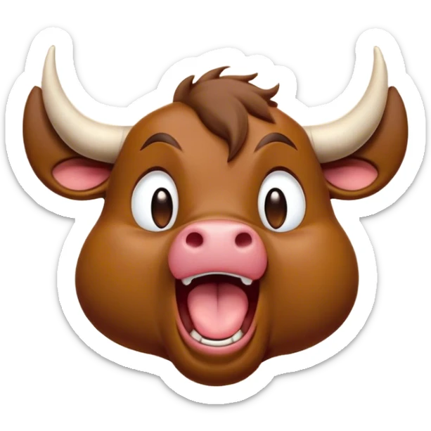 Cinematic Cute Yawning Brown Bull Portrait Emoji, Head tilted slightly with a dramatic, wide-open yawn, showcasing a smooth, rich brown hide with a subtle texture, floppy ears slightly drooping, round dark eyes barely open in drowsy contentment, Simplified yet irresistibly adorable features, highly detailed, glowing with a soft, cozy glow, high shine, relaxed yet expressive, stylized with a touch of rugged whimsy, bright and endearing, soft glowing outline, capturing the essence of a sleepy yet affectionate guardian, so drowsy it feels like it could charge right out of the screen and curl up for a nap! sticker