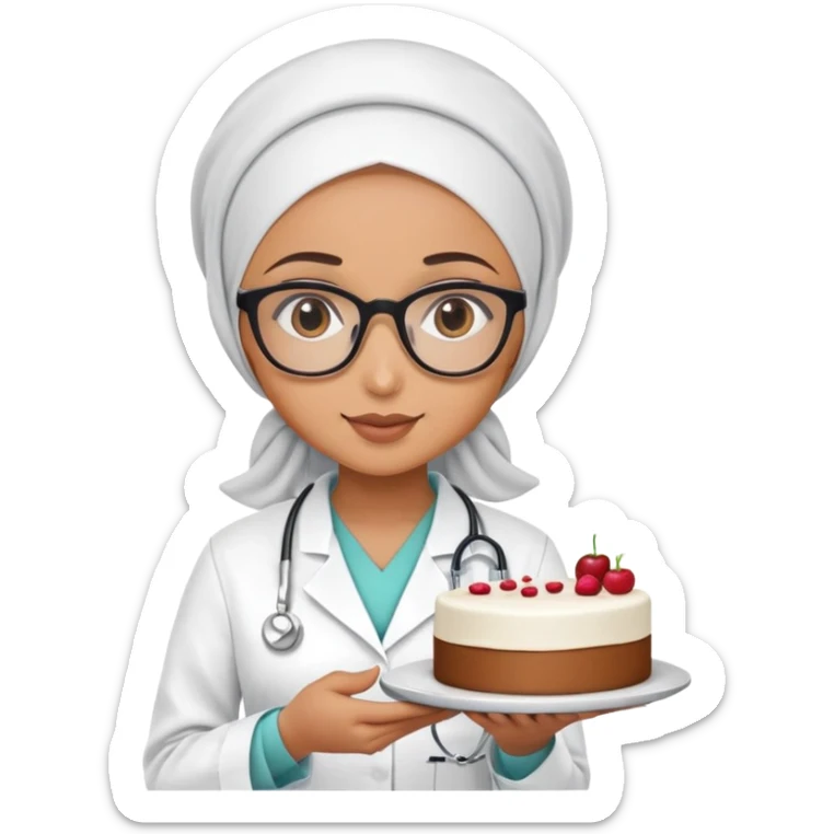A hijabi girl wearing glasses, wearing doctor scrub, holding a plate with a cake sticker