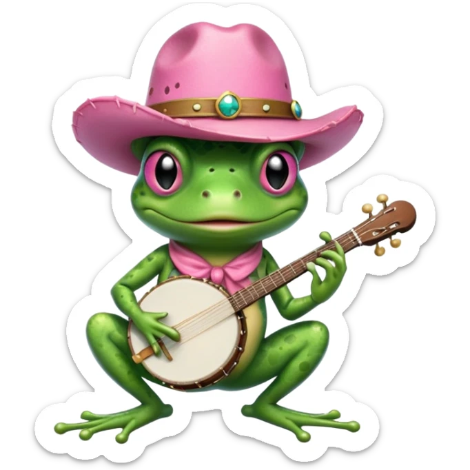 A fairy frog with a pink cowboy hat and banjo with a cigar sticker