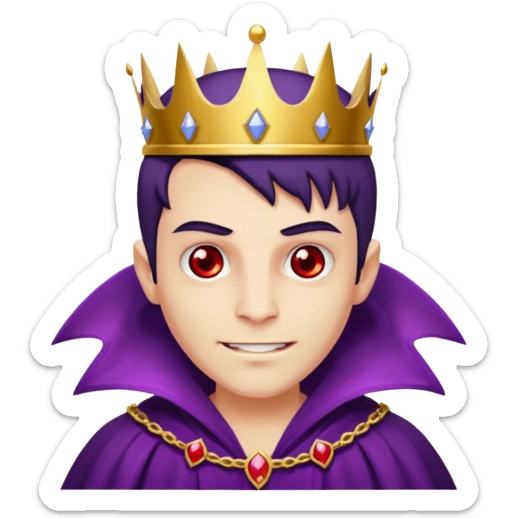 Vampire King, Young vampire king in purple robe, red eye, wearing a crown, confident smirk. sticker