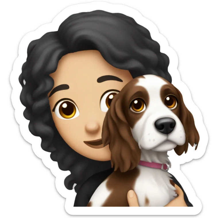 A white woman that has long black hair and phony brown eyes, hugging a white and brown springer spaniel dog  sticker
