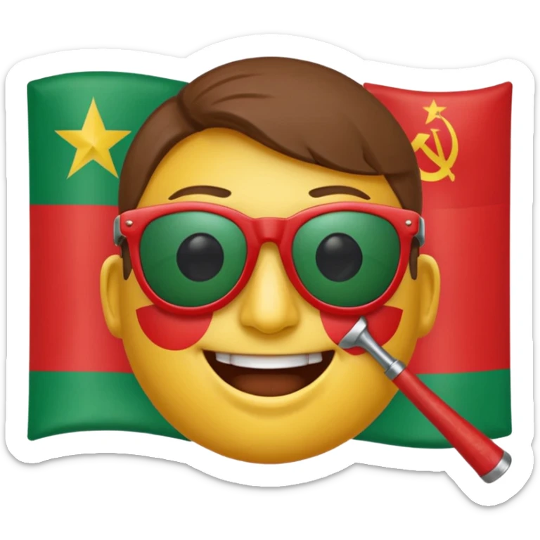 A smiling face emoji with the flag of Transnistria, a horizontal tricolor of red, green, and red stripes with a hammer and sickle in the upper left corner, with sunglasses. sticker