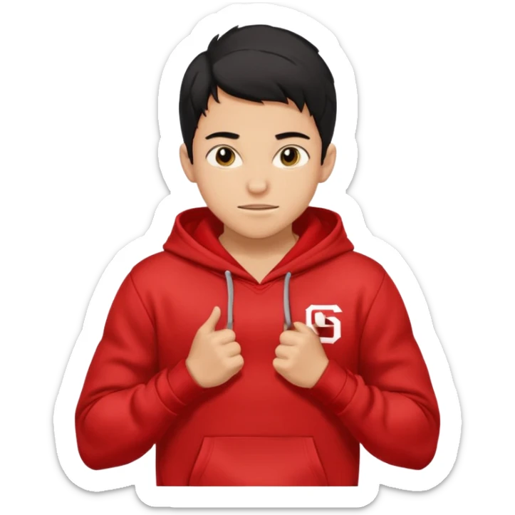 make me an emoji of an americain 19 yearold boy in a red hoodie that says "south" on it and give him with tan skin with his hands in his hands in his pocket wth a small smile flexing his muscles with his hood on sticker