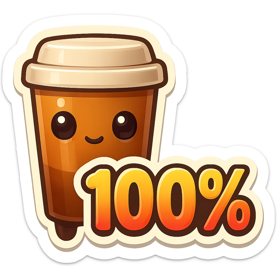 Tall coffee cup, no mouth, giant sign "100%" sticker