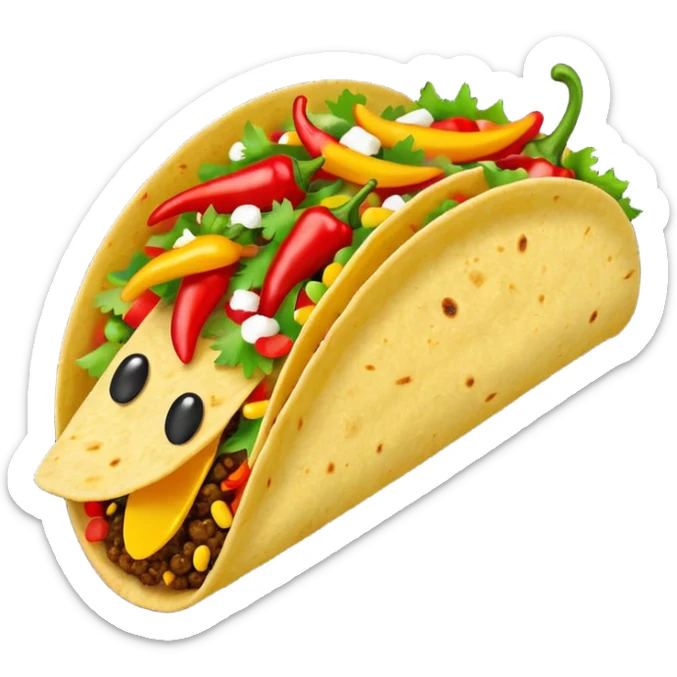 Mexican cuisine humanless avatar in bright emoji-style illustration. Taco with peppers, colorful palette, simple shapes, flat design, festive and bold. sticker
