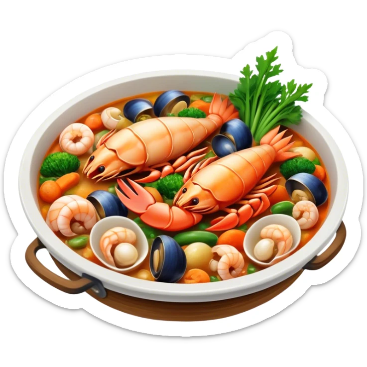 Cinematic Realistic Buzara Seafood Dish Emoji, depicted as a rustic, flavorful seafood stew with shellfish rendered with rich textures and dynamic, maritime lighting. sticker