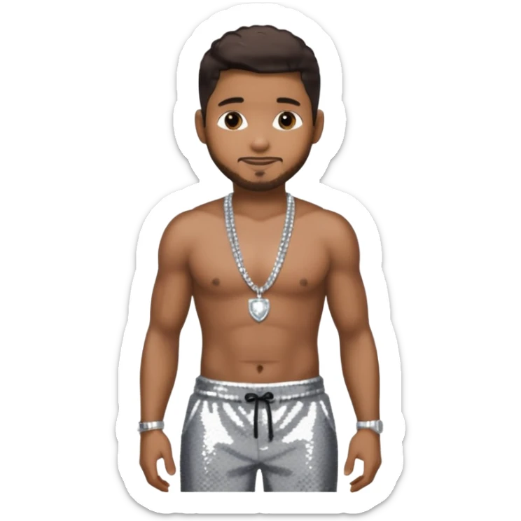 Usher with dark brown hair, black sequin baggy pants, shirtless with necklace sticker