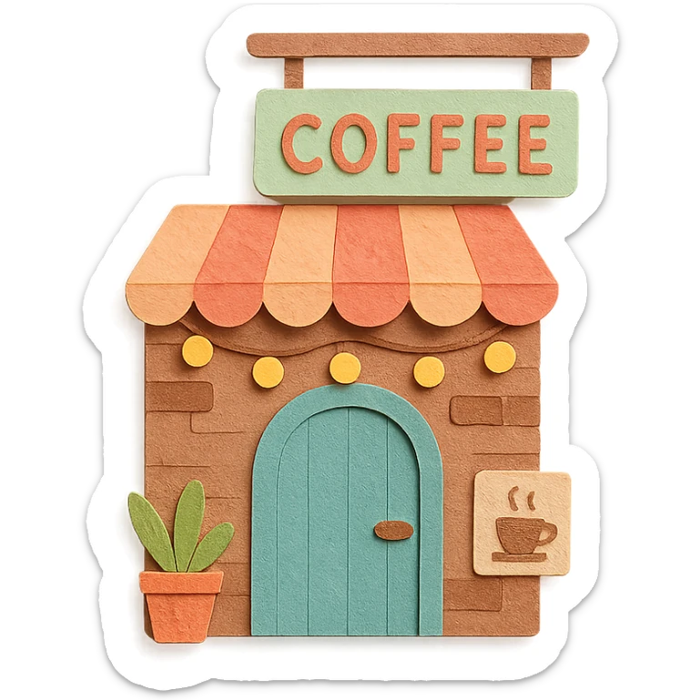 cozy coffee shop entrance with pastel hanging sign, string lights, and cute details, hand-drawn soft pastel style sticker