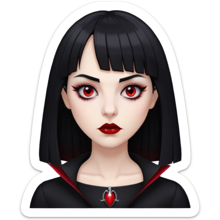 pale woman with black long straight black hair red sleepy eyes with black eyeliner black lipstick vampire teeth straight short bangs serious expression with thin black eyebrows nose piercing black clothe  sticker