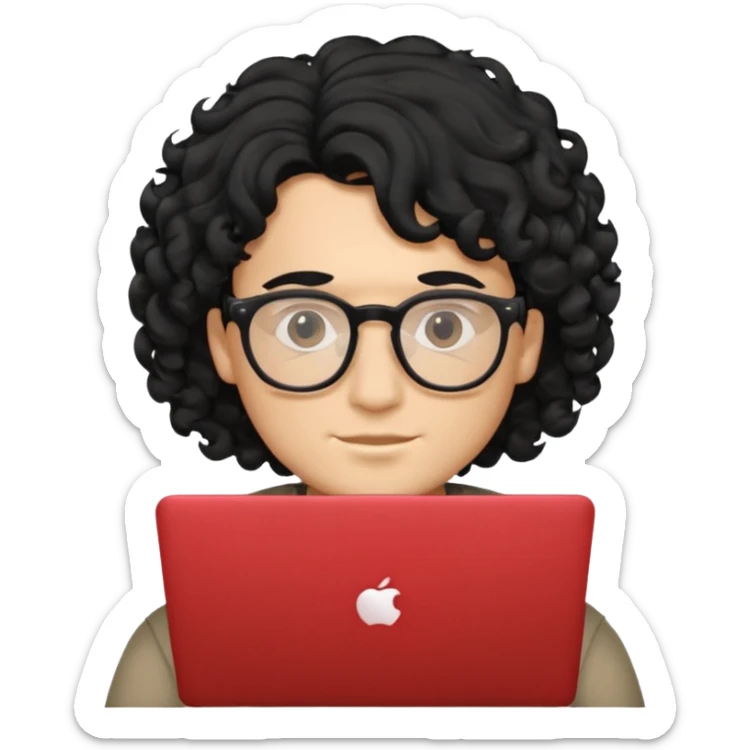 guy with wavy kinda curly black hair and light-to-medium skin tone like latino, half white and brown and glasses, with a macbook sticker