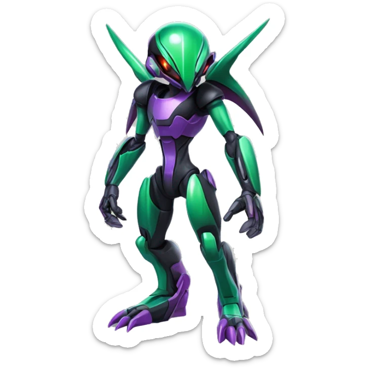 a shiny black-green-purple Genesect-Flygon-Raptor-Fakémon-Medabot-hybrid with a futuristic visor-helmet full body sticker