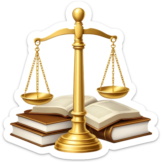 An icon featuring scales of justice, a gavel, and a legal book, symbolizing the study of law. The design includes courthouse pillars in the background, representing authority and legal systems. Transparent background highlights the principles of justice, order, and legal education. sticker
