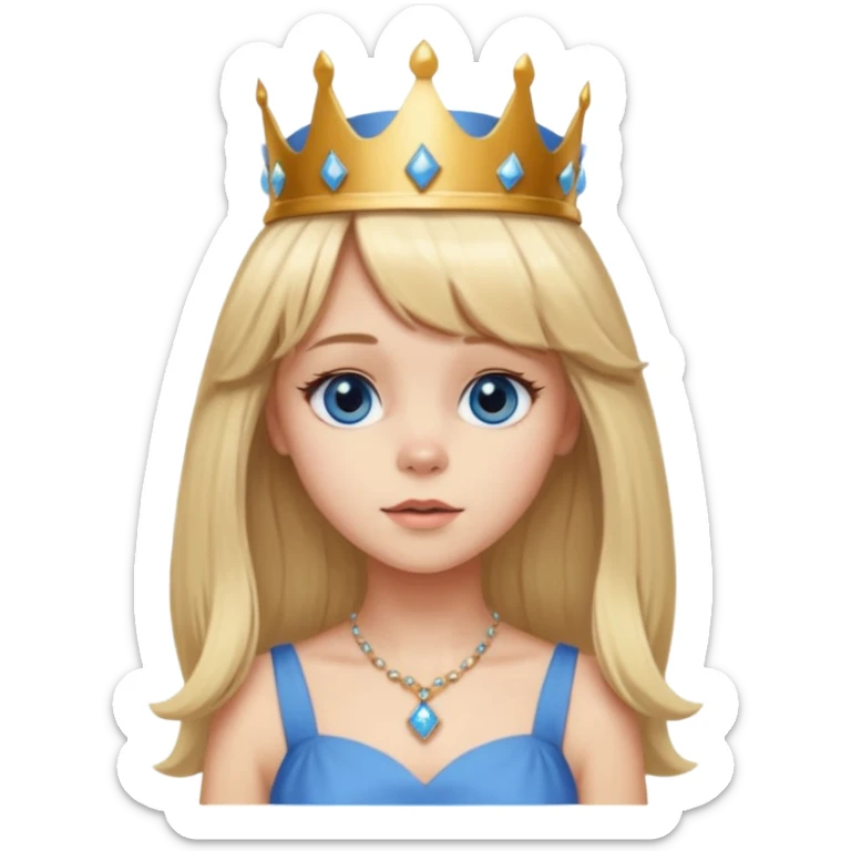 simple Blonde girl bust with bangs, long straight seductive hair and blue eyes, and a simple crown. giving cockerspaniel energy sticker