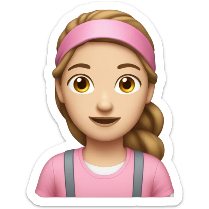 A white woman with brown hair in pony tail wearing pink headband, pink t shirt and overalls  sticker