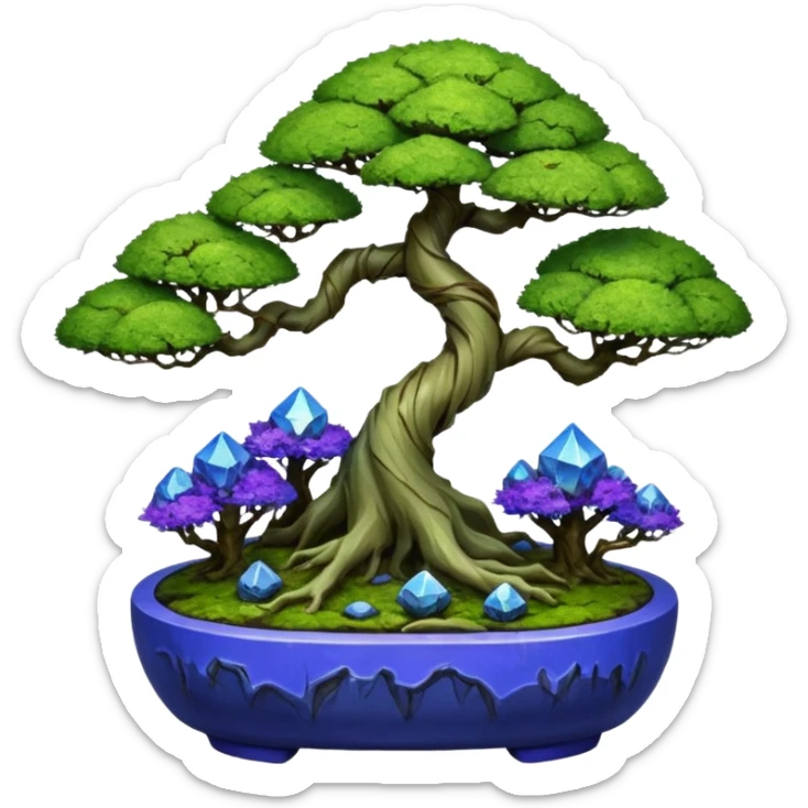Cracked Futuristic wild glowing space alien moss maples shohin Bonsai hair-pine-leaf group multi faceted intricate crystalline-inspired boxwood purple blue informal rocky cliffhanger eight trees forest planting in shallow willow slab style pot with big animal-like feet  sticker