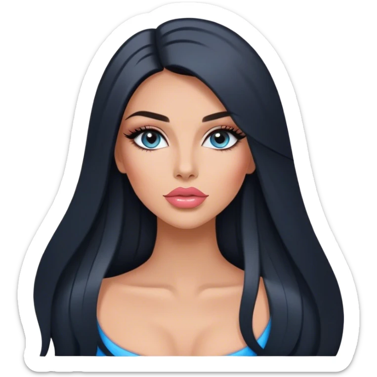 Glamours, tanned, very beautiful girl, with big pump peach-beige-rose lips, long long lashes, black straight smooth silky long hair, straight parting hair, blue-grey eyes sticker