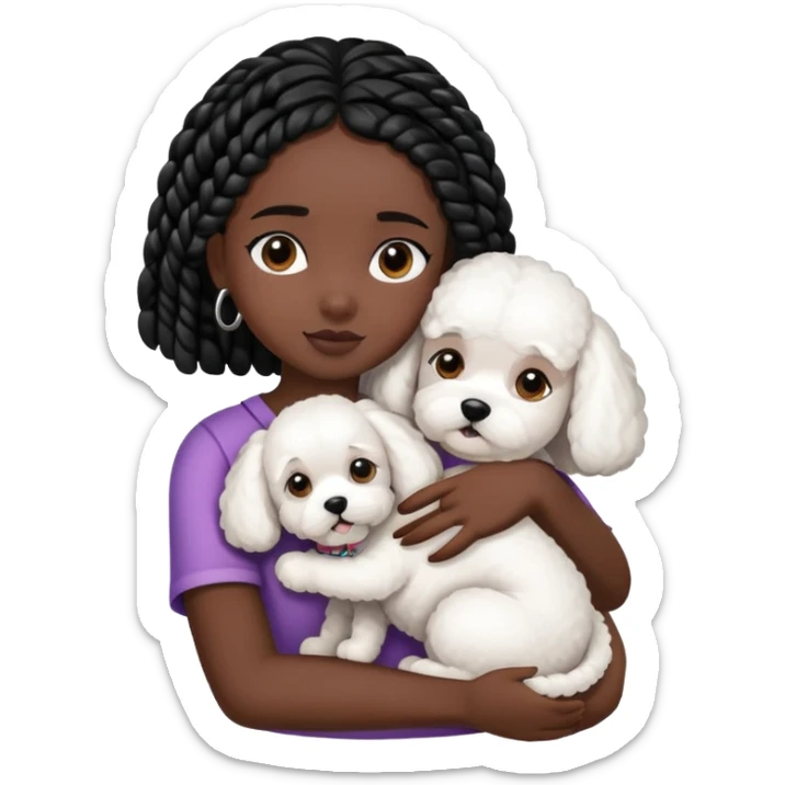 A girl with the black braids has straight hair ,hugging a Bichon frise sticker