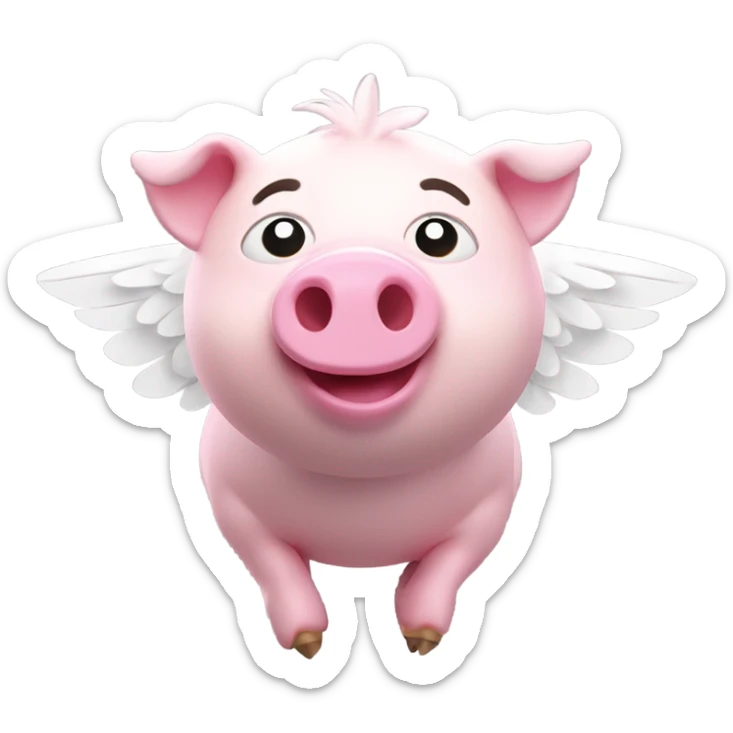 Emoji of a flying pig. Pink body with round belly. Large, exaggerated white wings. Soft feather details. Cute. Enlarged head in cartoon style. Head turned towards viewer. 3d lighting. No cast shadows  sticker