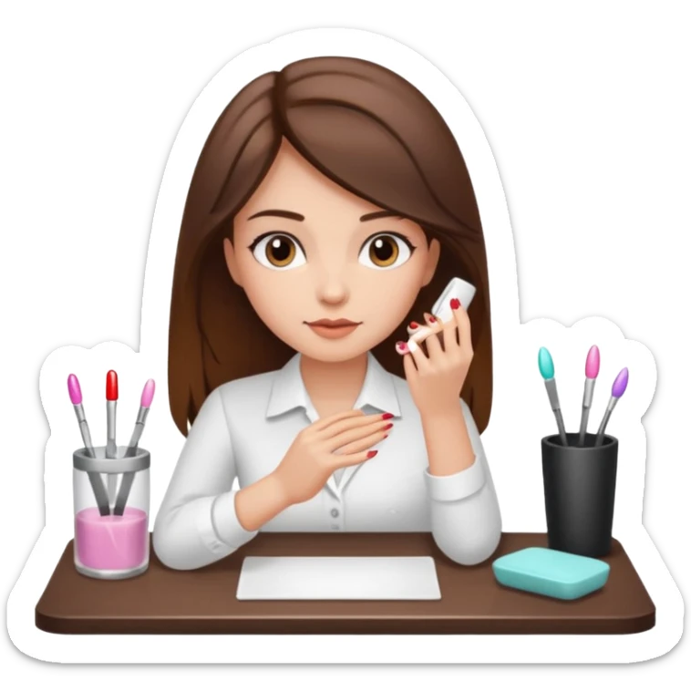 A realistic illustration of a girl with medium-length thick brown hair sitting at a manicure table.
 sticker