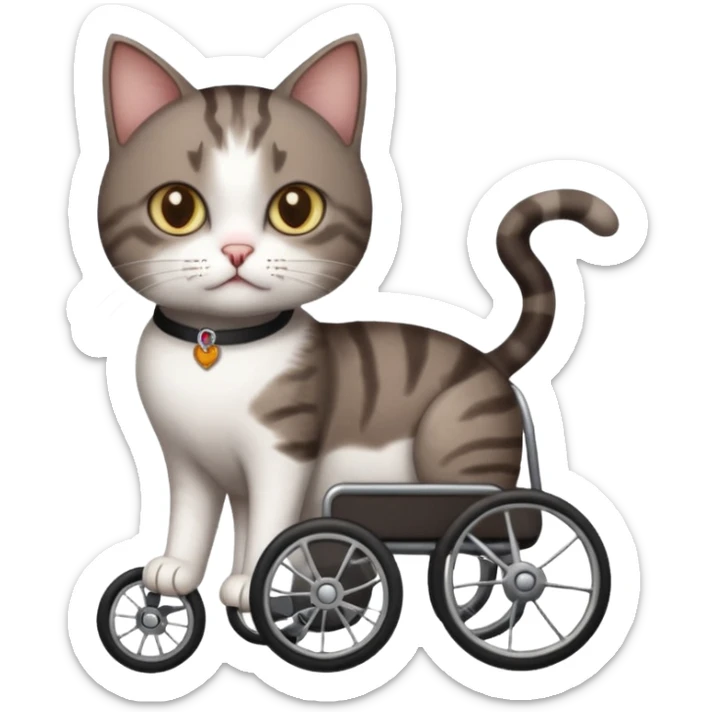 full body small short hair dark brown and white cat with hazel eyes walking in a wheelchair for cats sticker
