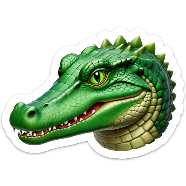 Cinematic Noble Crocodile Portrait Emoji, Poised and regal, with a powerful, elongated build and a rugged, scaly emerald-green hide, piercing cold eyes, Simplified yet sharp and sophisticated features, highly detailed, glowing with a soft, dignified glow, high shine, intelligent and formidable, stylized with an air of ancient might, focused and attentive, soft glowing outline, capturing the essence of a watchful and commanding reptile, so majestic it feels as though it could silently slide out of the screen with effortless authority! sticker