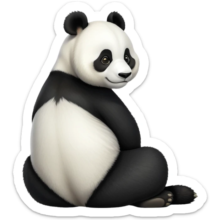 cinematic-[panda bear]-realistic-full-body-sitting-emoji,-tail-tucked-close,-head-tilted-dramatically,-thick-[black and white]-fur,-simplified-yet-realistic-focused-features,-highly-detailed,-glowing-with-an-almost-sarcastic-glow sticker