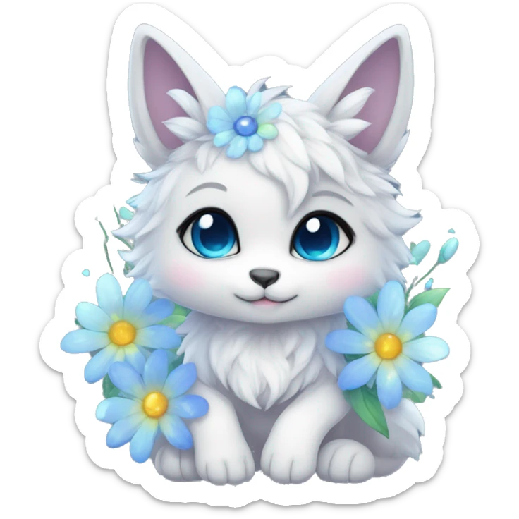 Anthro Cute Cool Kawaii gorgeous sparkly ethereal fantasy animal creature with blue eyes furry sona with flowers beautiful aesthetic sticker