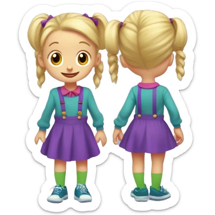 A little blonde girl with pigtails and little purple bows wearing a red long-sleeved shirt and purple overalls skirt with blue tights with green polka dots and purple sneakers, full body, rugrats sticker