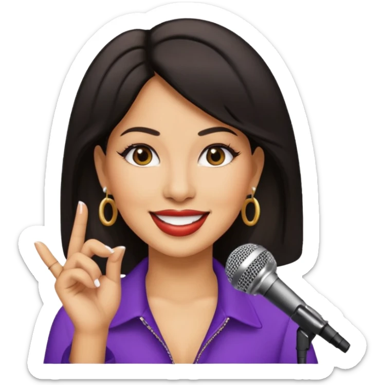 Selena Quintanilla emoji smiling with signature hoop earrings and microphone sticker