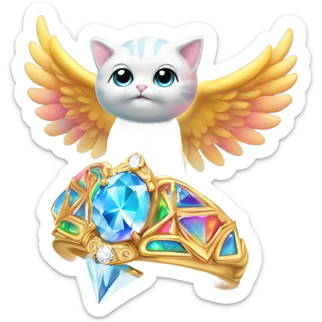Heavenly Rainbow 4d Diamond ultra Omni-Cat God with wings and a ring around its body and another ring above it’s head  sticker