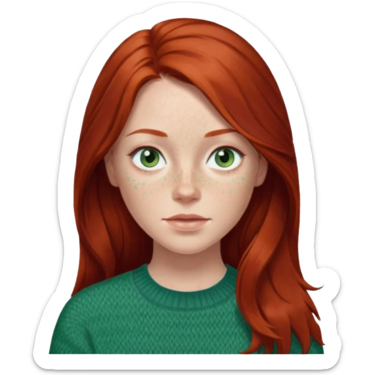 woman with long dark auburn red hair that is mostly straight but has slight waves to it. grey blue eyes. some freckles. wearing a Swedish style sweater that is green.  sticker
