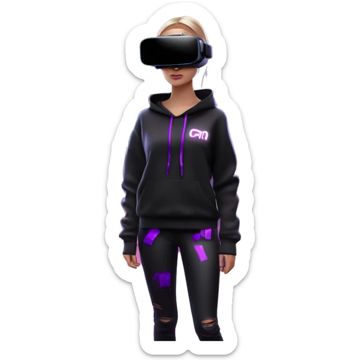 Russian girl wearing black hoody with violet letters "OMG", in vr headset oculus quest2. Standing like jedi. Cyberpunk style. Violet neon. sticker