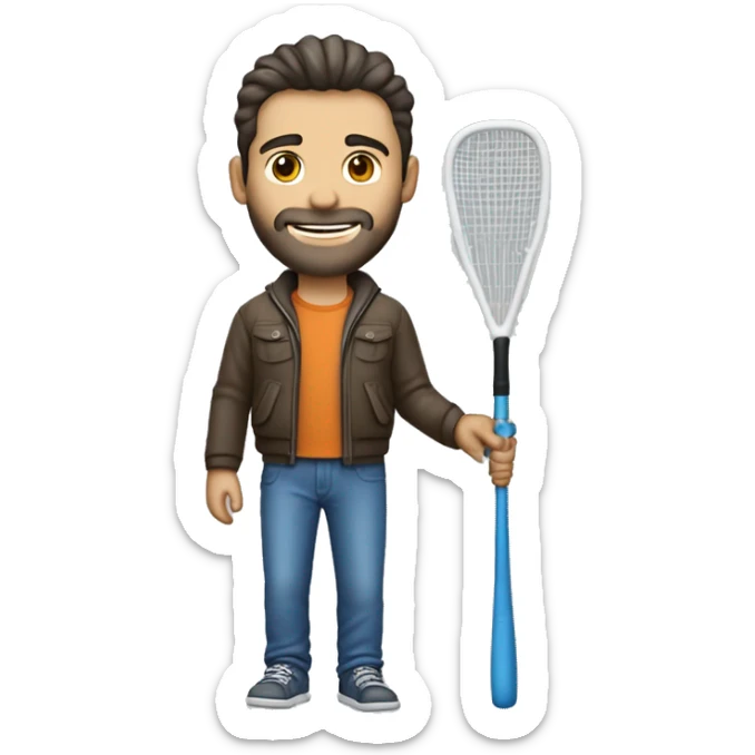 crear un hombre de tes blanca sin barba, con campera deportiva azul con una raqueta en su mano sticker
