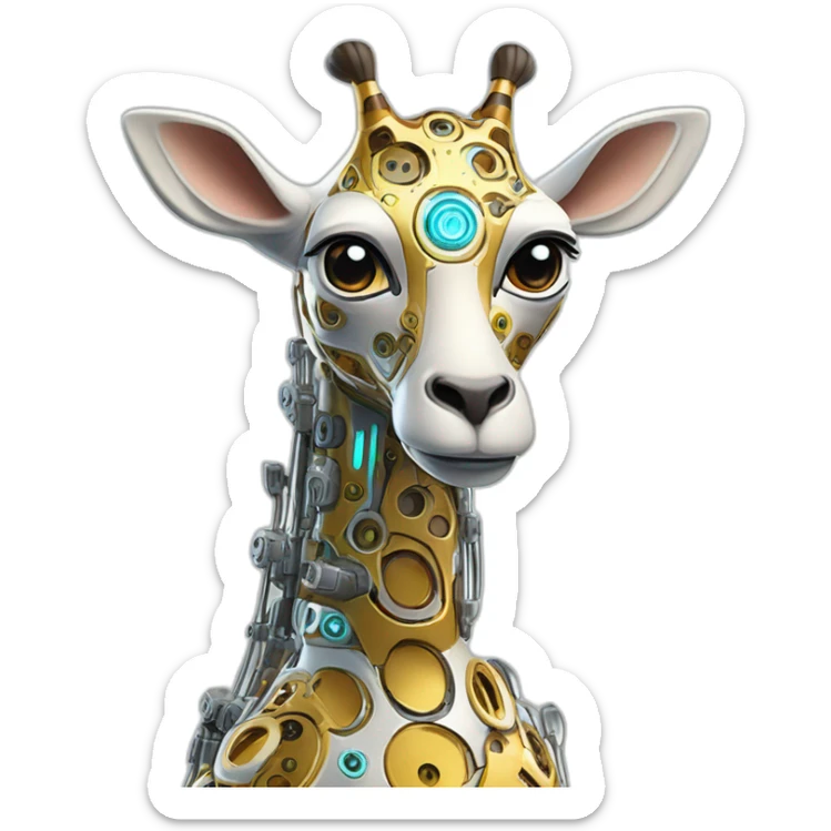 Una girafa robotica con patrones de circuitos brillantes en su piel, piernas con juntas móviles y piezas de metal relucientes sticker