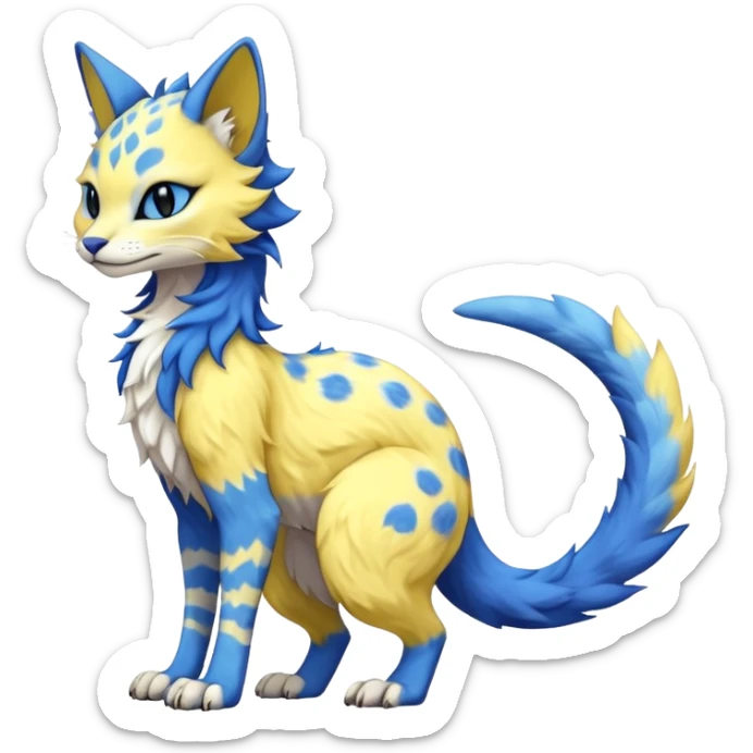 Kawaii yellow and blue beautiful pretty elegant divine edgy fantasy feline-vernid-sergal-fursona animal creature with a tufted tail full body with intricate markings  sticker