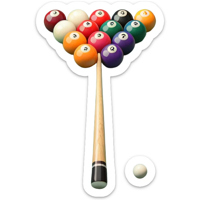 A close-up of a pool cue aimed at a set of colorful billiard balls resting on a green felt table. The focus is on the cue stick and the arrangement of balls, with subtle details of the game’s texture and atmosphere, emphasizing the precision and skill of billiards. sticker