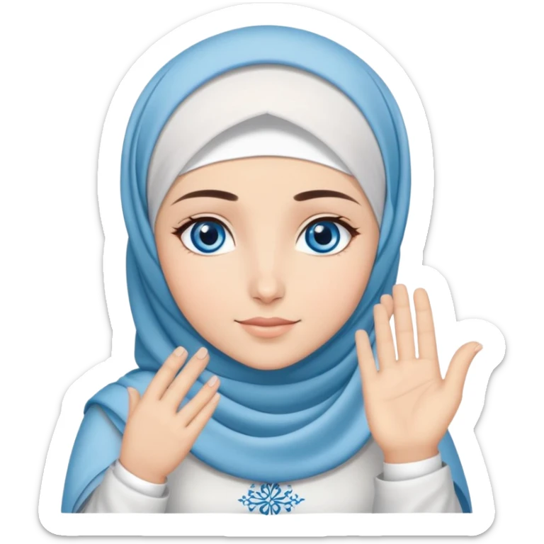Turkish beautiful finish Konya girl blue eyes with cloudy hijab dress islamic dress and had on her hand text Eid Mubarak  sticker
