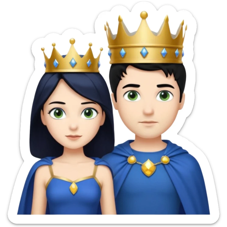 Prince with crown, blue cape and trousers, body and legs, black hair, blue eyes, woman blonde hair, green eyes, sexy white short sleveless dress,  sticker