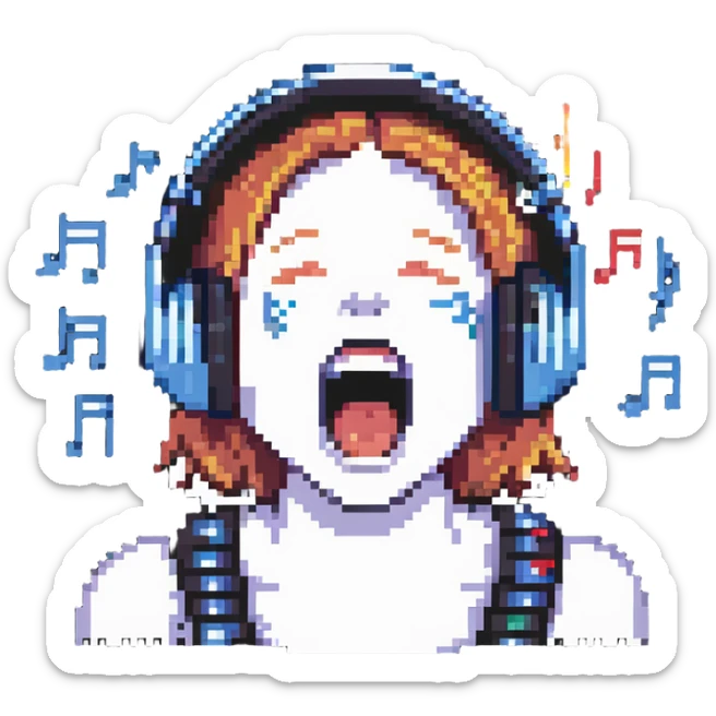 audio fan on the verge of emotional collapse, wearing headphones, open mouth screaming with happiness, surrounded by musical notes, pixel art style sticker