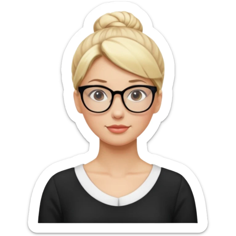Blonde Women with Bun, Office Woman – tight blonde high bun, glasses, white blouse, confident look, dress, big breasts sticker