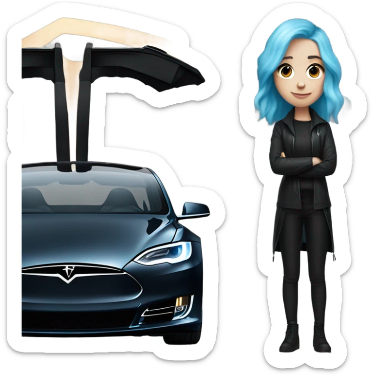 white skin girl with blue hair in black clothes standing next to tesla car sticker