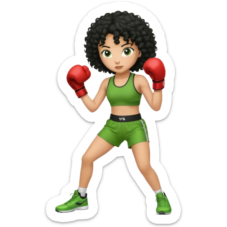 a girl with black curly hair and olive skin in a green workout outfit, boxing sticker