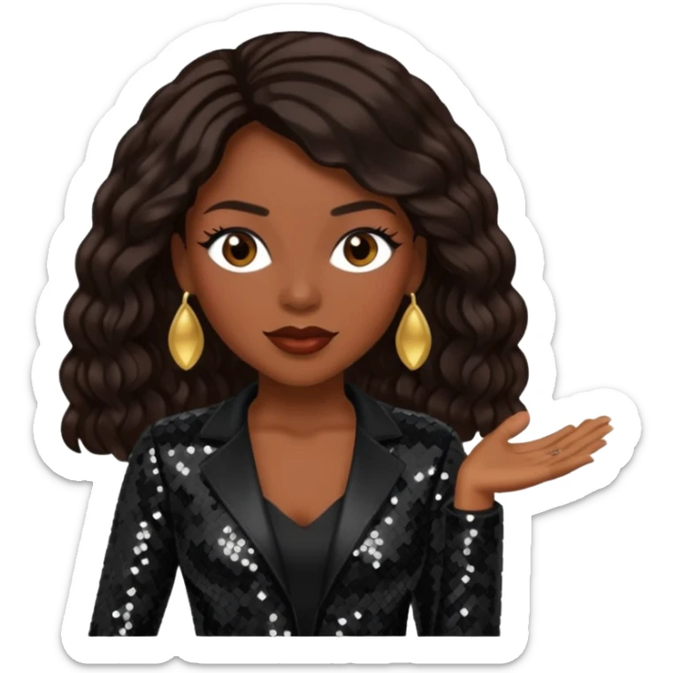 Maxine Jones from En Vogue with long dark brown hair, black sequin outfit sticker