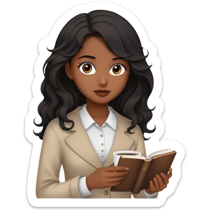 A girl with black wavy hair,wearing modest clothes with manga book and coffee her eyes are dark brown her skin color is a little dark but not that much  sticker
